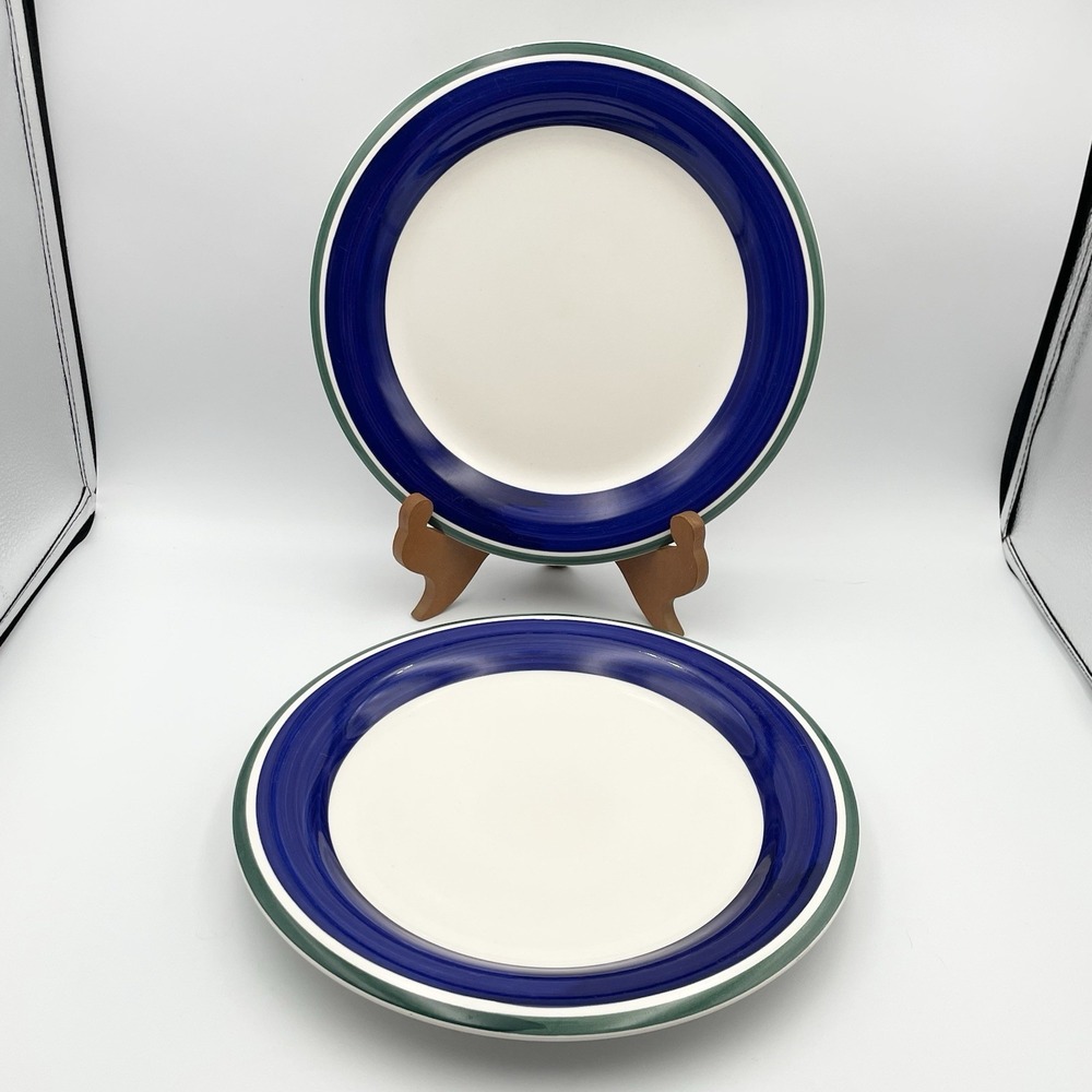Vintage 1990s Gibson Oceanside Blue Green Stripe Dinner Plates Set of 2